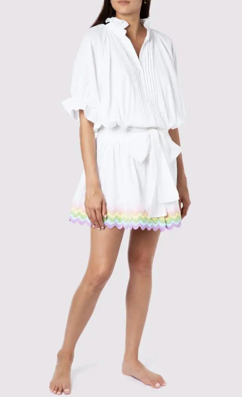 Juliet Dunn Blouson White Belted Button Down Rainbow Linen Dress Size 3/Large